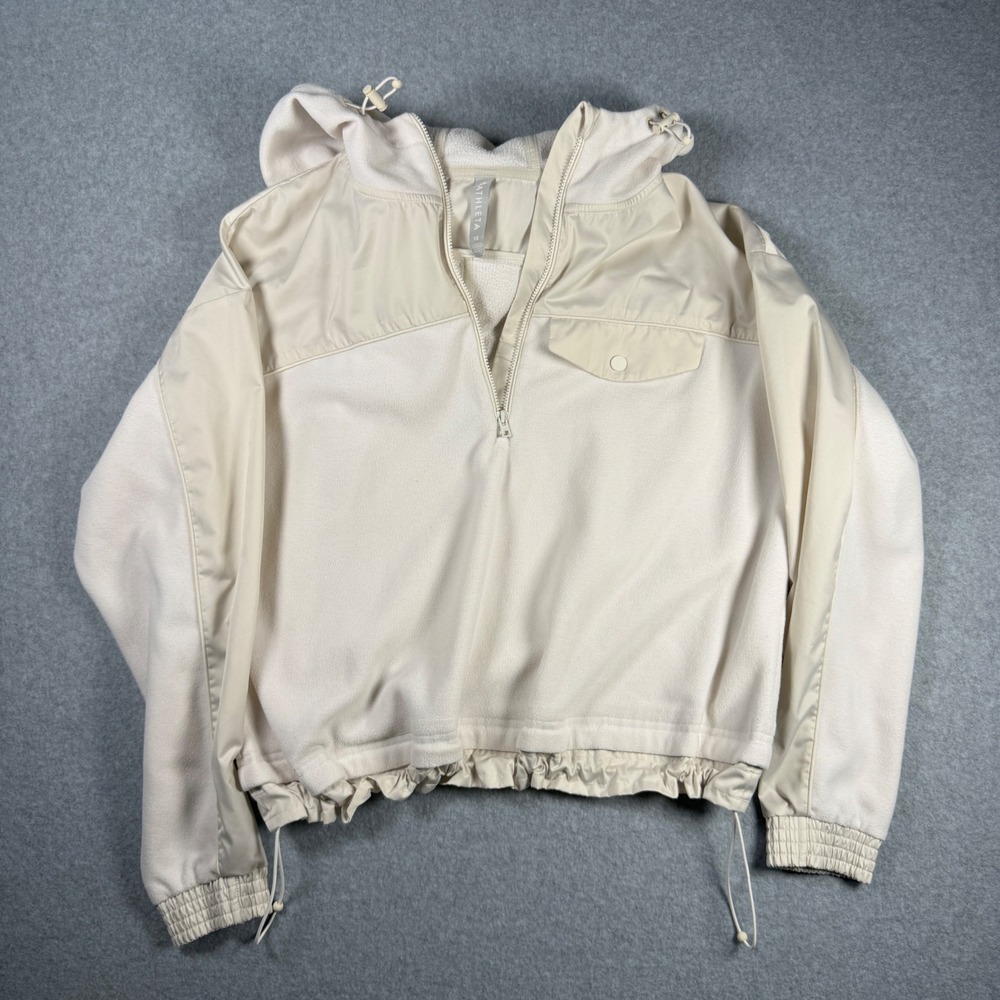 Athleta Fleece Quarter-Zip Hoodie Womens XS Cream Excellent Mixed Media Pullover